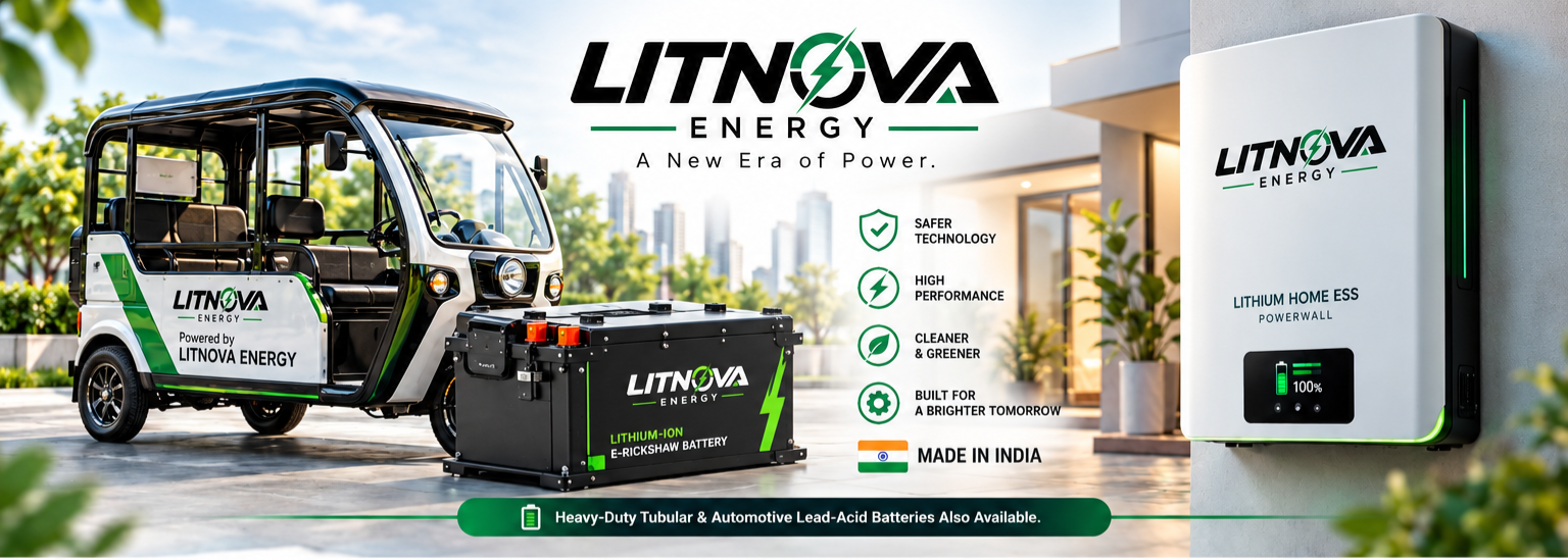 LITNOVA Energy e-rickshaw, lithium-ion battery, home energy storage system, feature list and Made in India banner.