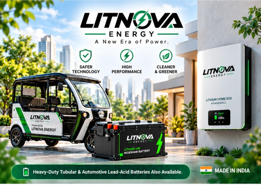 LITNOVA Energy mobile hero with e-rickshaw, battery, home powerwall, features and Made in India banner.